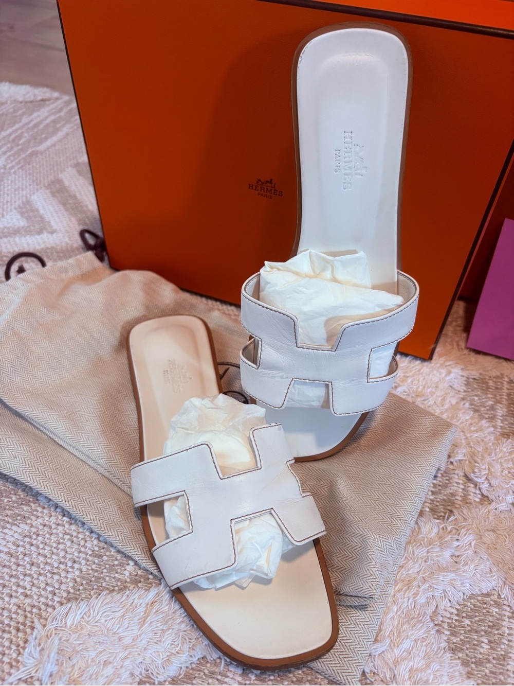 Hermes White Oran Leather Slide Sandals size 38.5